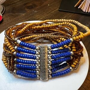 Multi-Strand Blue and Amber Beaded Bracelet with Silver Accents